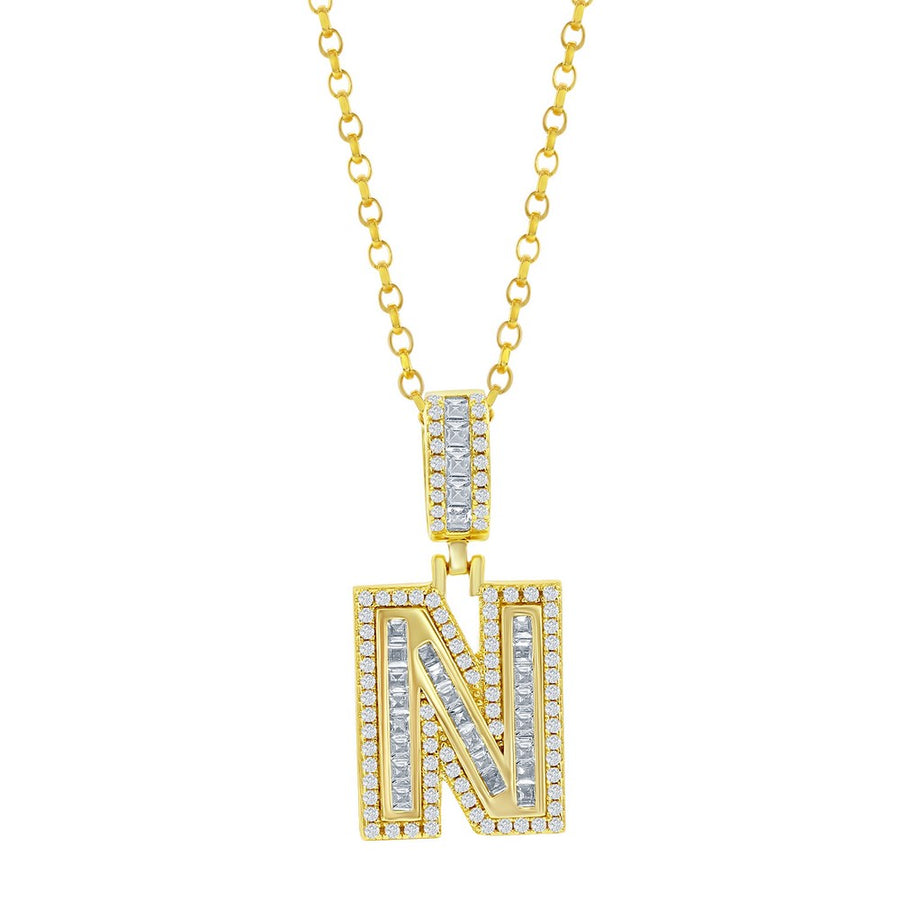 Sterling Silver 'N' Baguette CZ Initial Pendant w/Chain - Gold Plated