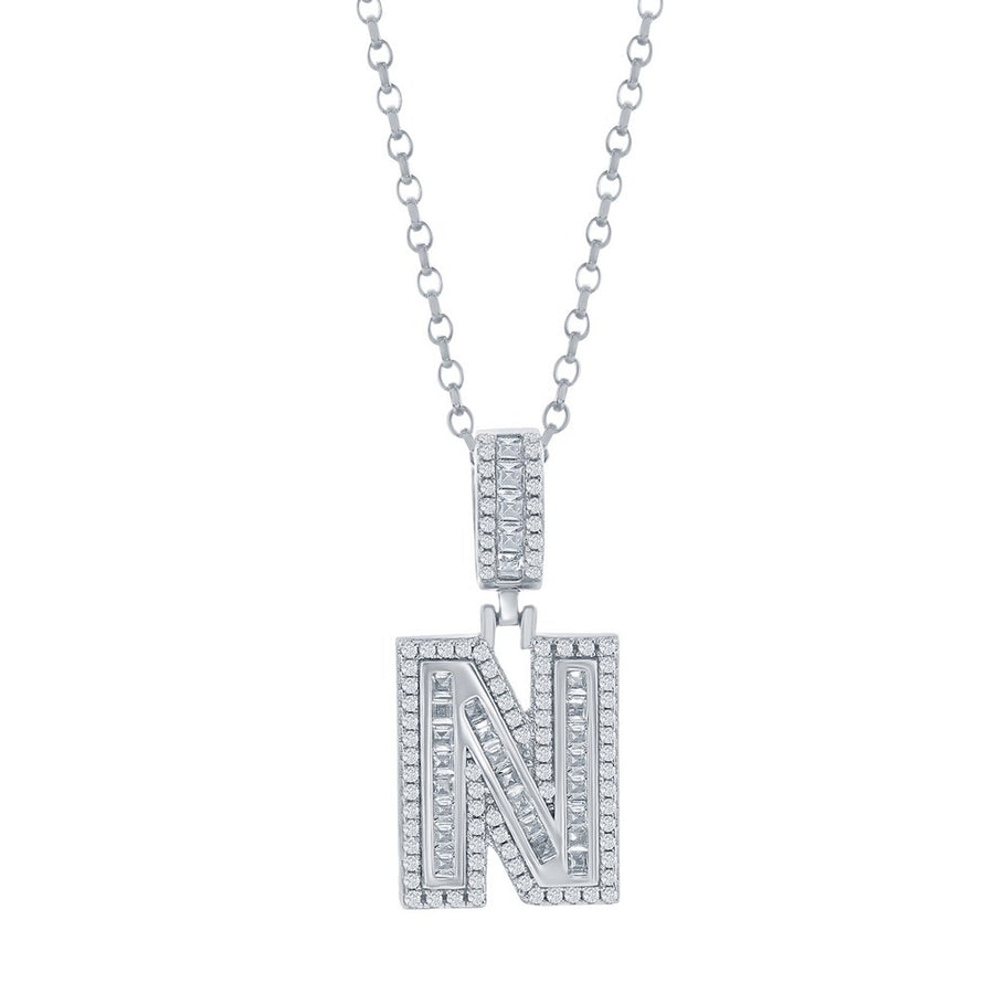 Sterling Silver 'N' Baguette CZ Initial Pendant w/Chain