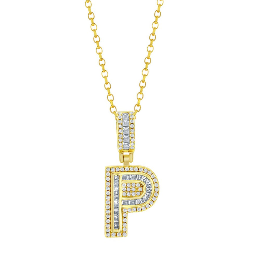 Sterling Silver 'P' Baguette CZ Initial Pendant w/Chain- Gold Plated