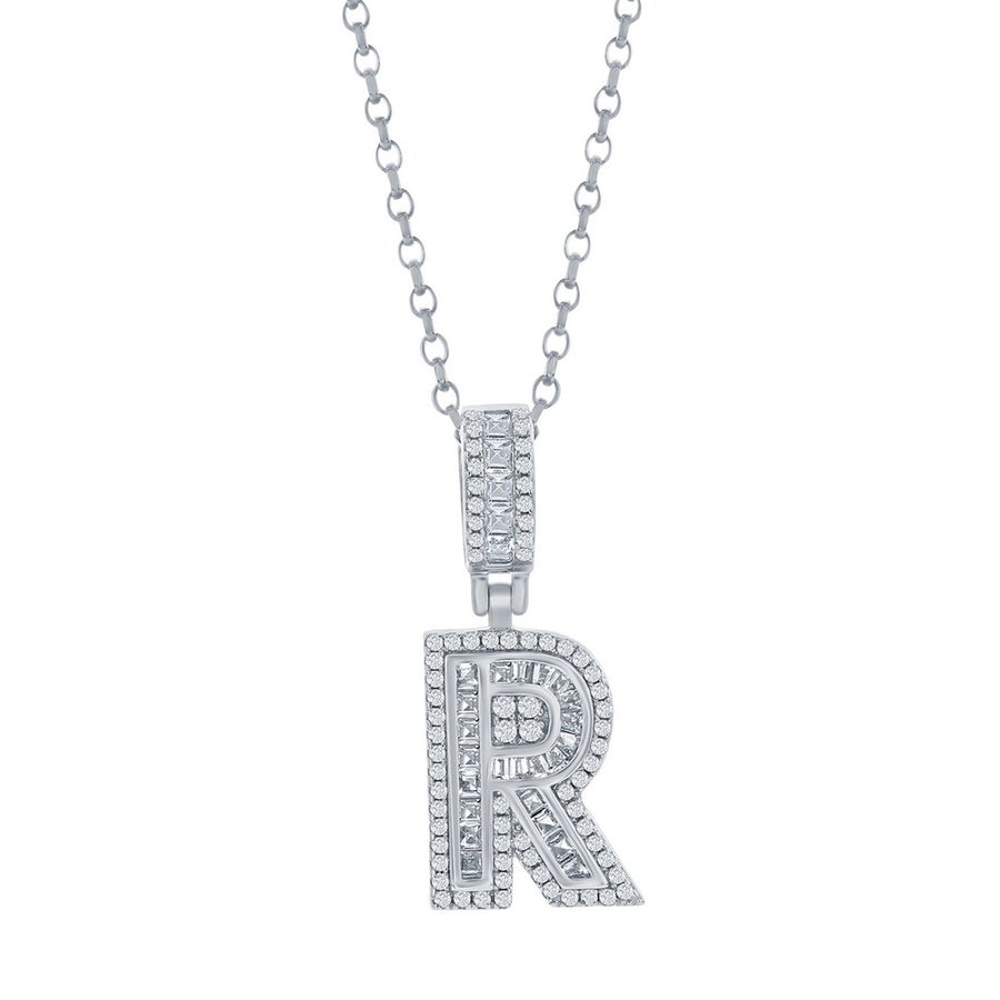 Sterling Silver 'R' Baguette CZ Initial Pendant w/Chain