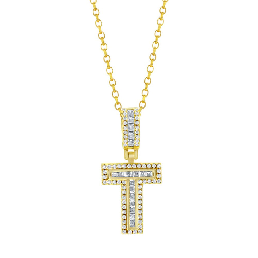 Sterling Silver 'T' Baguette CZ Initial Pendant w/Chain - Gold Plated