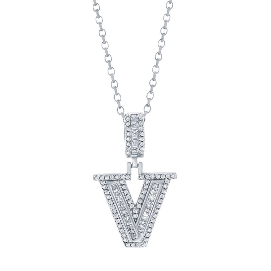 Sterling Silver 'V' Baguette CZ Initial Pendant w/Chain