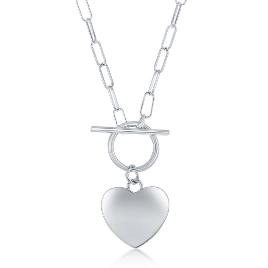 Sterling Silver Shiny Heart With  Paperclip Chain Toggle Necklace