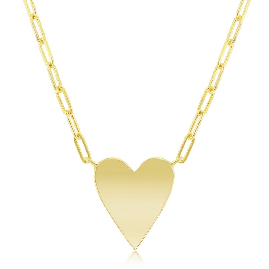 Sterling Silver Polished Heart Paperclip Necklace - Gold Plated