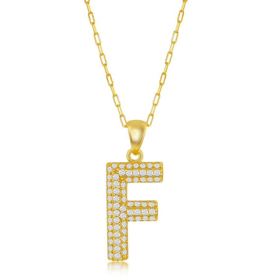 Sterilng Silver Micro Pave CZ  'F'  Block Initial w/ Paperclip Chain - Gold Plated