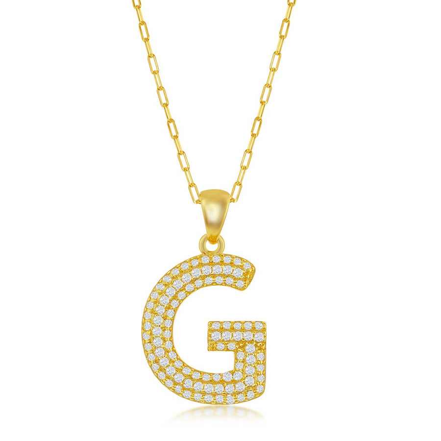 Sterilng Silver Micro Pave CZ  'G'  Block Initial w/ Paperclip Chain - Gold Plated