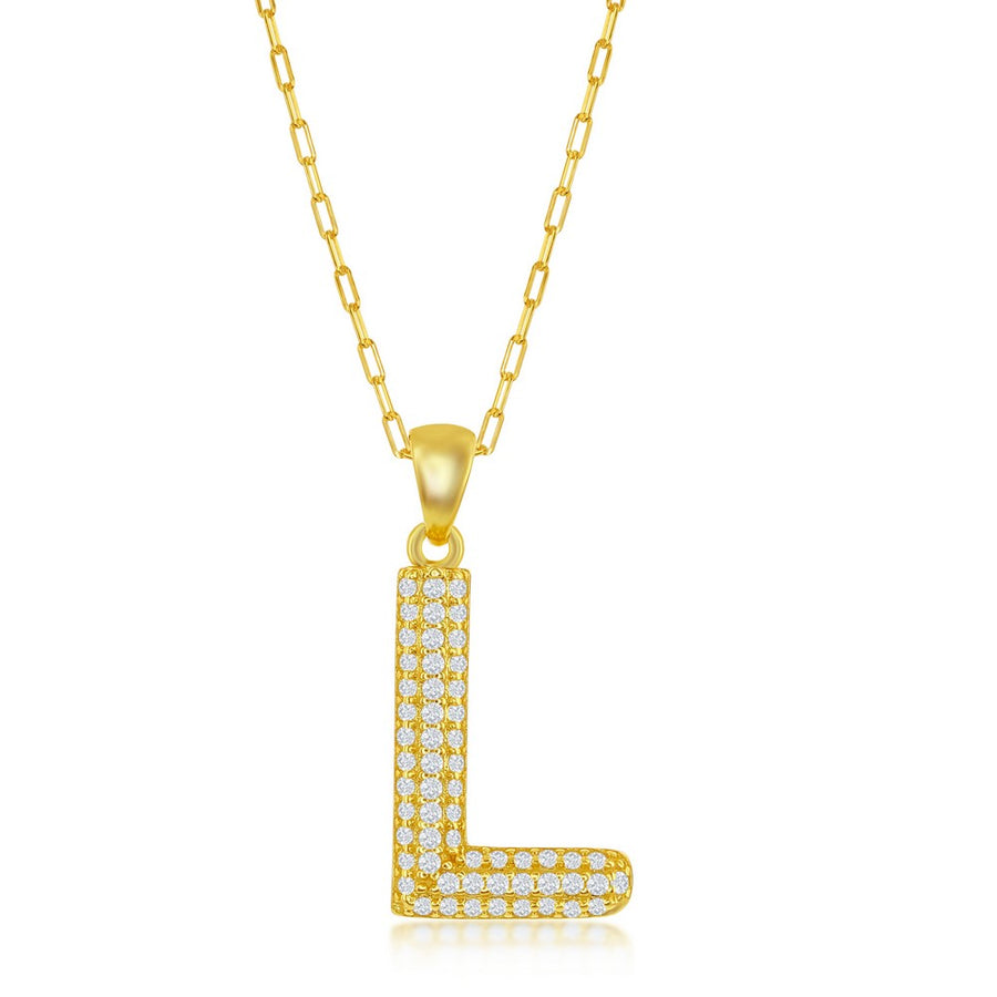 Sterilng Silver Micro Pave CZ  'L'  Block Initial w/ Paperclip Chain - Gold Plated