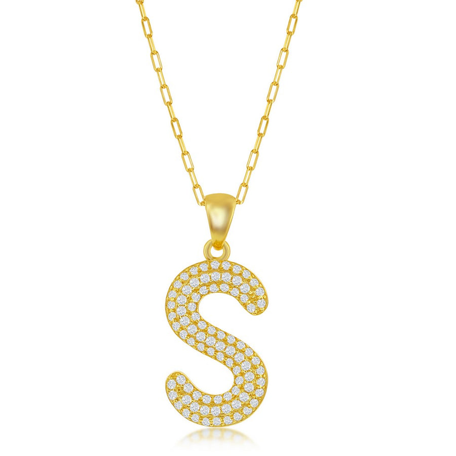 Sterilng Silver Micro Pave CZ  'S'  Block Initial w/ Paperclip Chain - Gold Plated