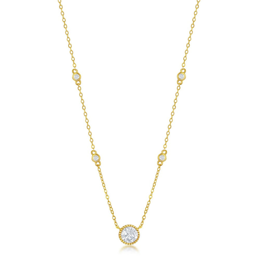 Sterling Silver Round CZ Station Necklace - Gold Plated