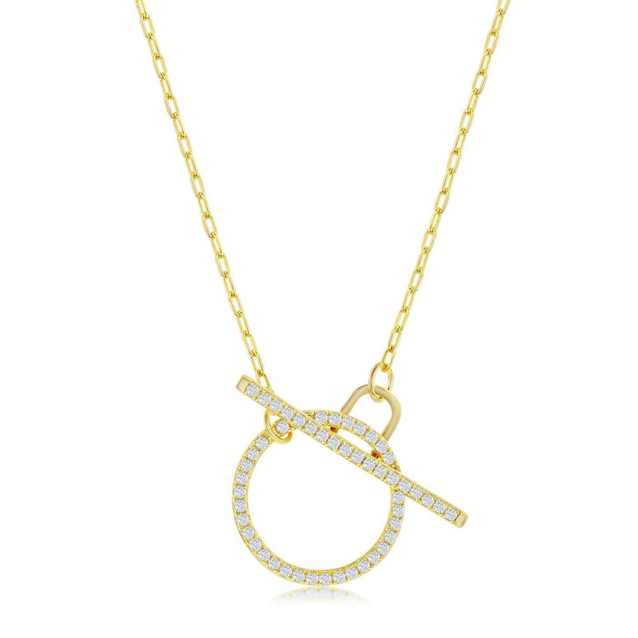 Sterling Silver Paperclip CZ Circle Toggle Necklace - Gold Plated