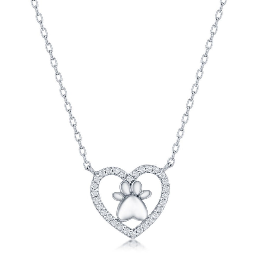 Sterling Silver Heart Paw Print CZ Necklace