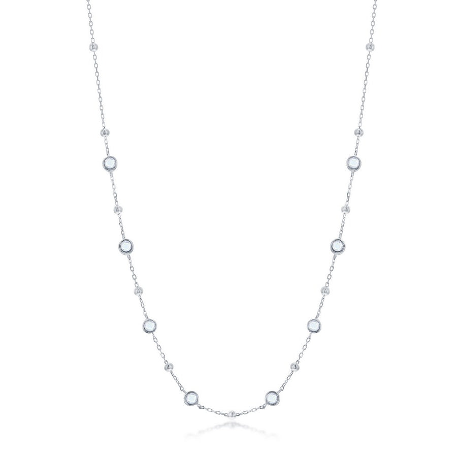 Sterling Silver Bezel-Set CZ & Bead Station Necklace - White