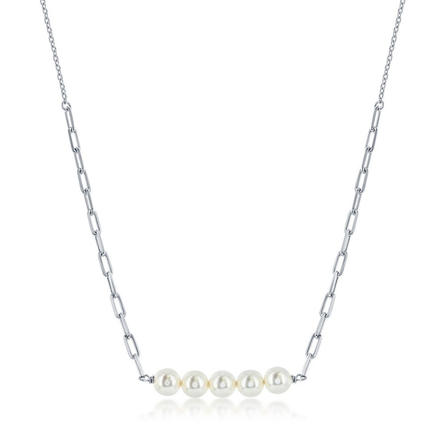 Sterling Silver Round White Pearl Bar, Paperclip Necklace