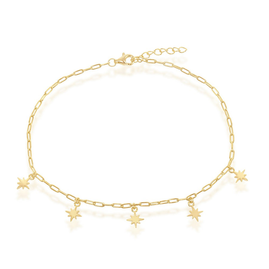 Sterling Silver North Star Charms Paperclip Anklet - Gold Plated