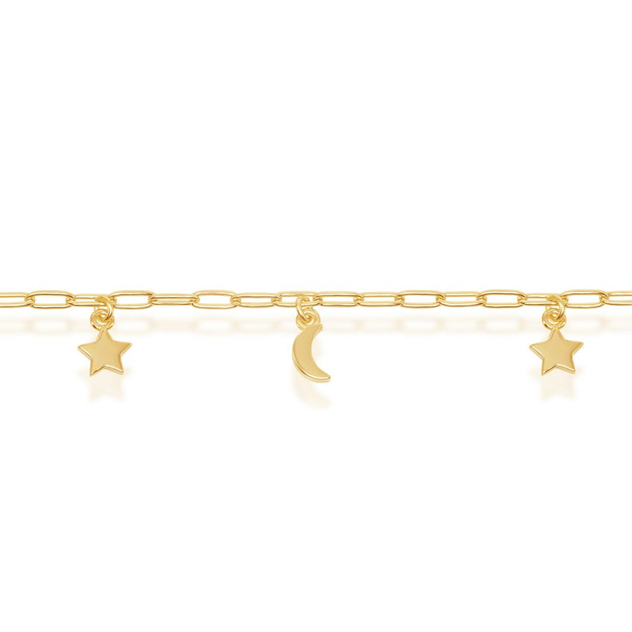 Sterling Silver Moon & Star Charms Paperclip Anklet - Gold Plated