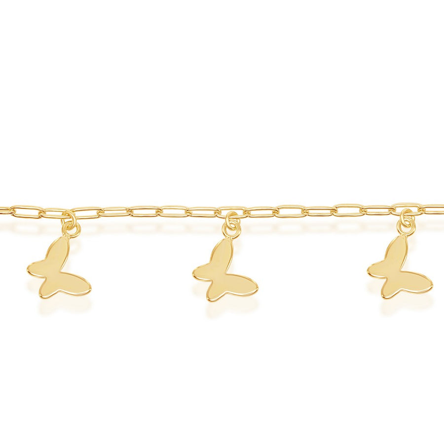 Sterling Silver Butterfly Charms Paperclip Anklet - Gold Plated