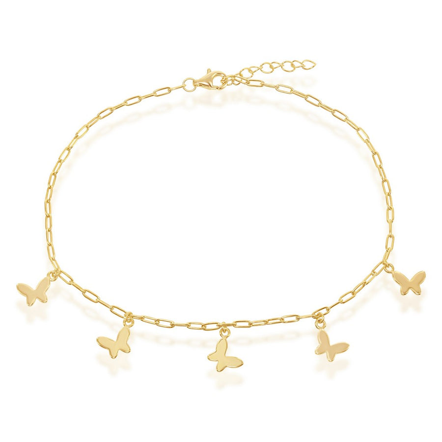 Sterling Silver Butterfly Charms Paperclip Anklet - Gold Plated