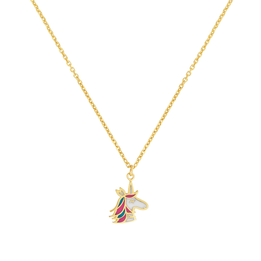 14kt Gold 14 inches Yellow Finish 12x9mm(CE),1mm(Ch) Diamond Cut Unicorn Necklace with Spring Ring Clasp