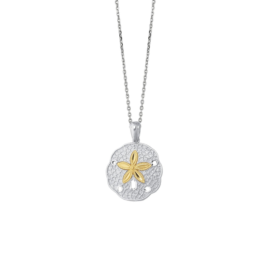 14kt Yellow Gold+Silver with Rhodium Finish 18 inches Shiny Textured Oval Link Chain Necklace+Sand Dollar Pendant with Star Fish