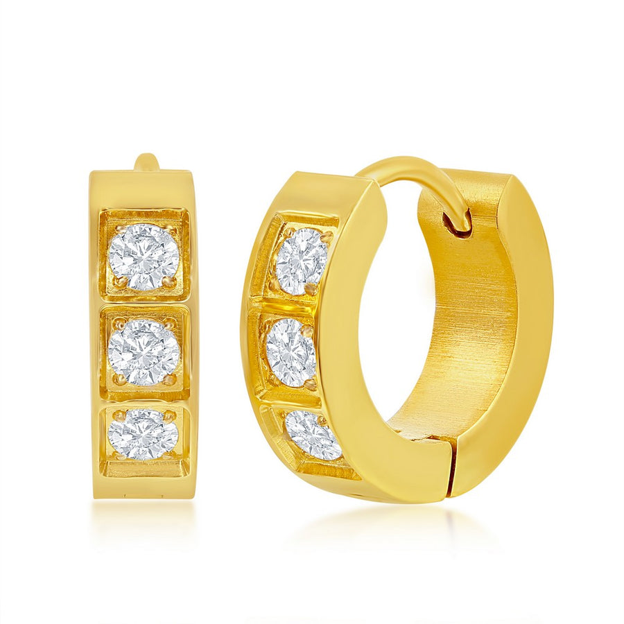 Stainless Steel 13mm Huggie Hoop CZ Earrings - Gold Plated