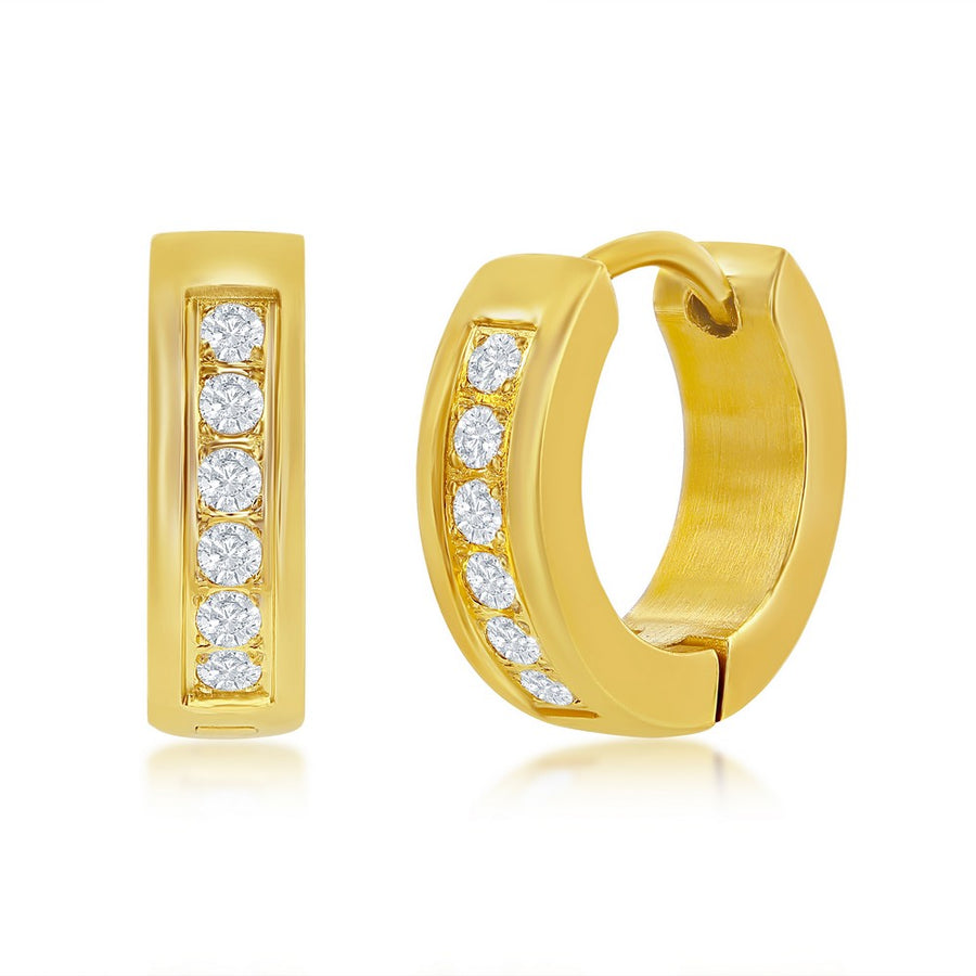 Stainless Steel 13mm Huggie Hoop Single Row CZ Earrings - Gold Plated