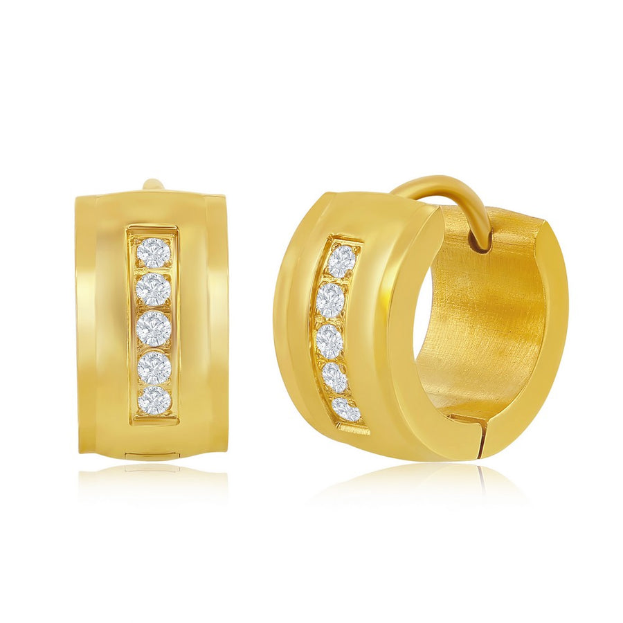 Stainless Steel 13x7mm CZ huggie Hoop Earrings - Gold Plated