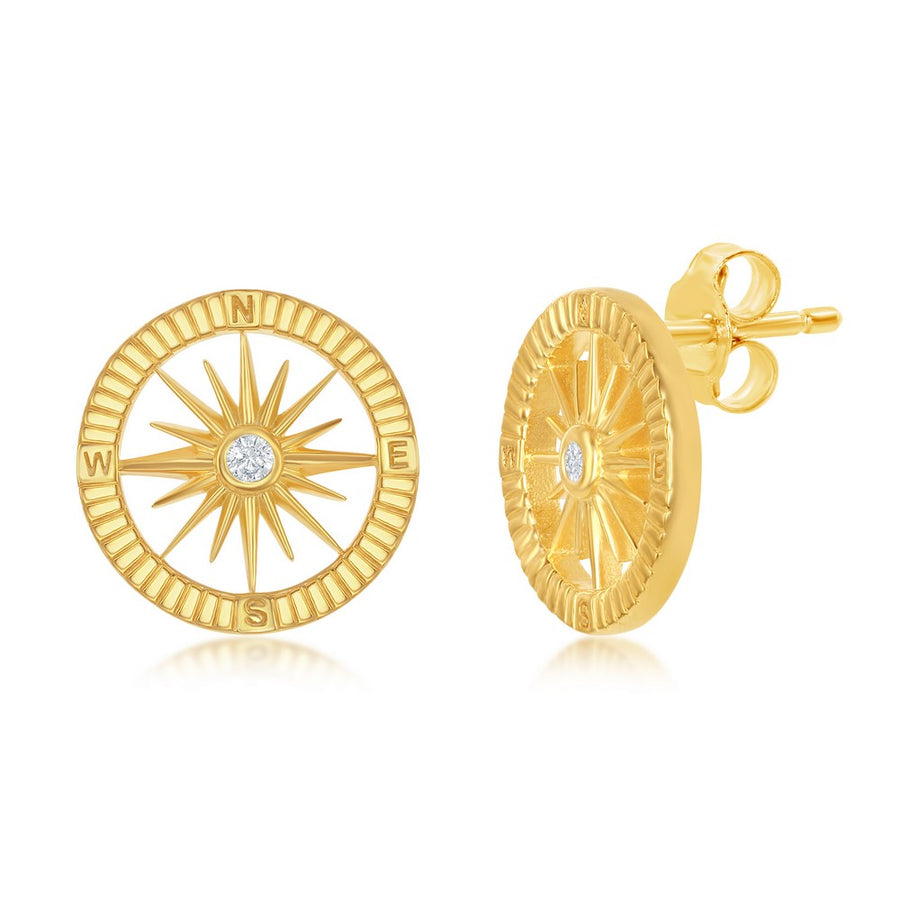 Sterling Silver Gold Plated CZ Compass Pendant & Earrings Set With Chain