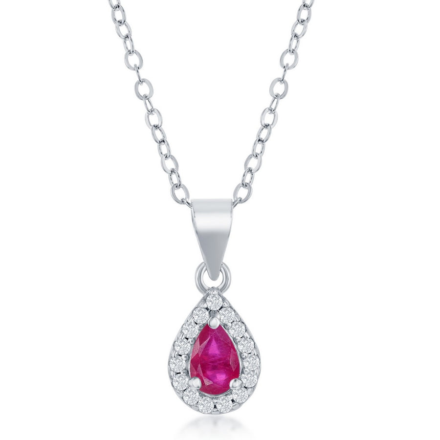 Sterling Silver 5x3mm Glass Filled Ruby Pear-Shaped Necklace & Earrings Set