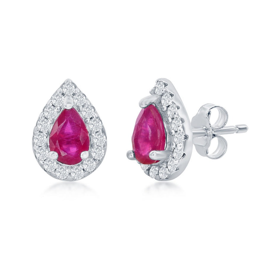 Sterling Silver 5x3mm Glass Filled Ruby Pear-Shaped Necklace & Earrings Set