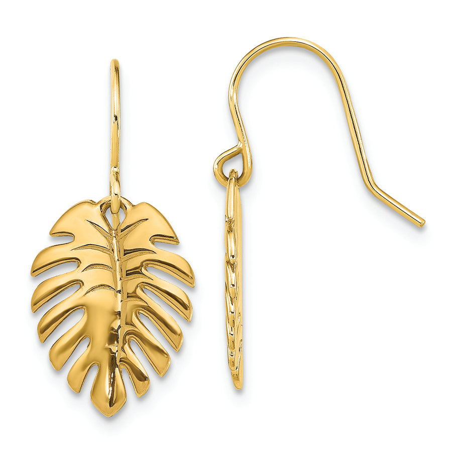 14K Polished Palm Leaf Dangle Earrings