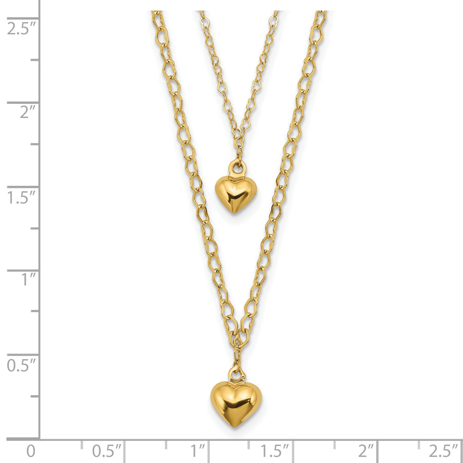 14K Double Layer Heart Link Polished Hearts 2 in ext. Necklace