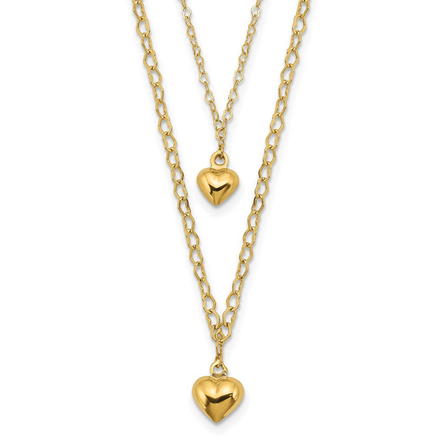 14K Double Layer Heart Link Polished Hearts 2 in ext. Necklace