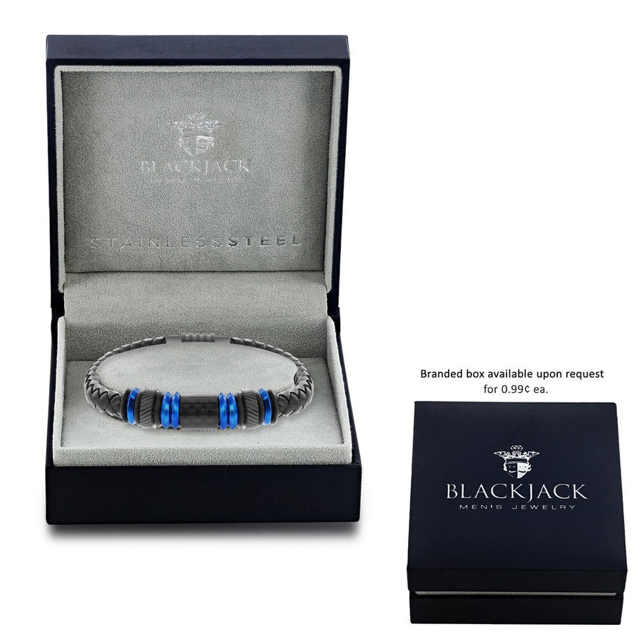 Blue Stainless Steel w/ Black Carbon Fiber Genuine Leather Bracelet