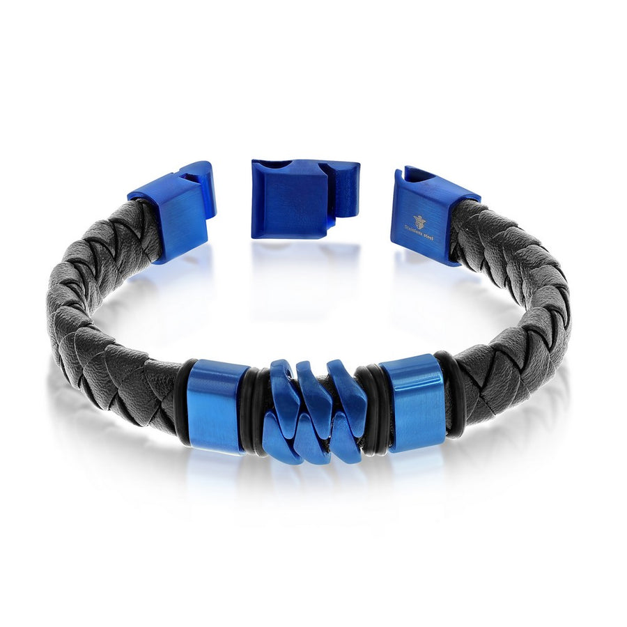 Blue Stainless Steel Genuine Black Leather Bracelet