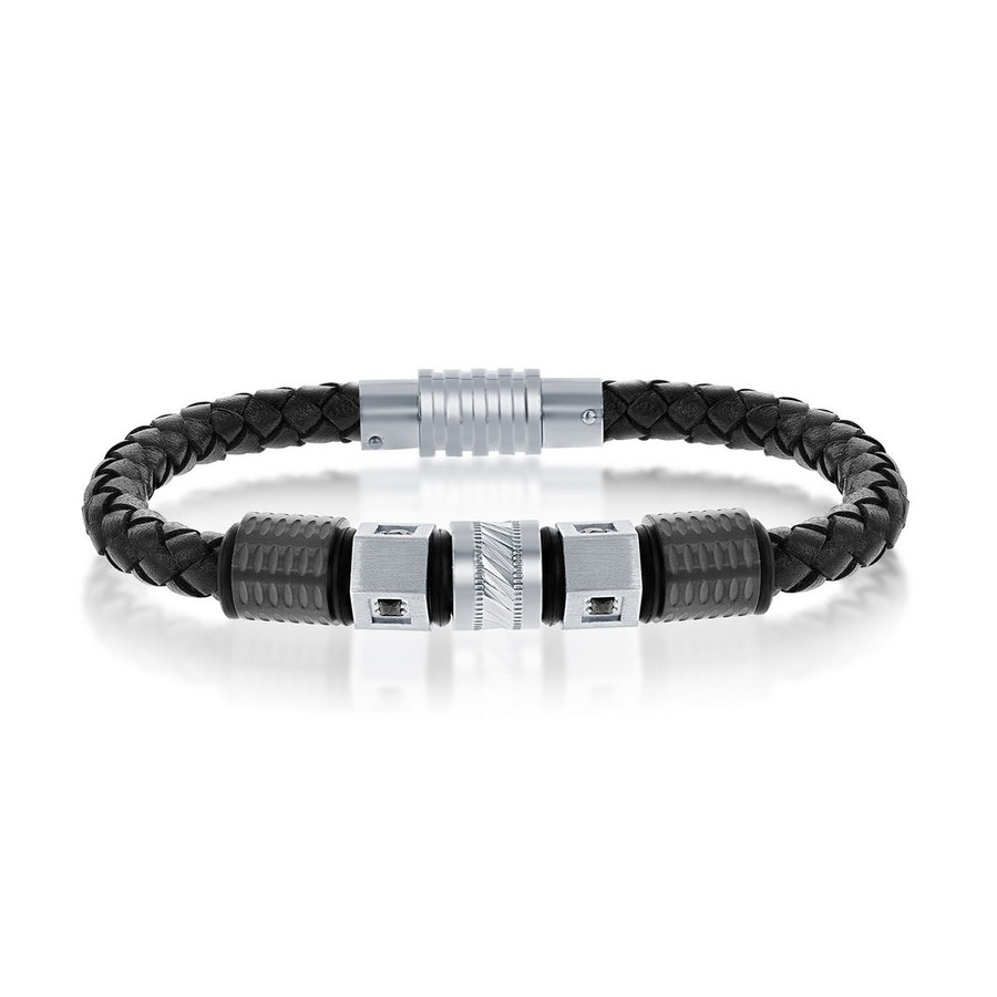 Black & Silver Stainless Steel w/ Black CZ Genuine Leather Bracelet