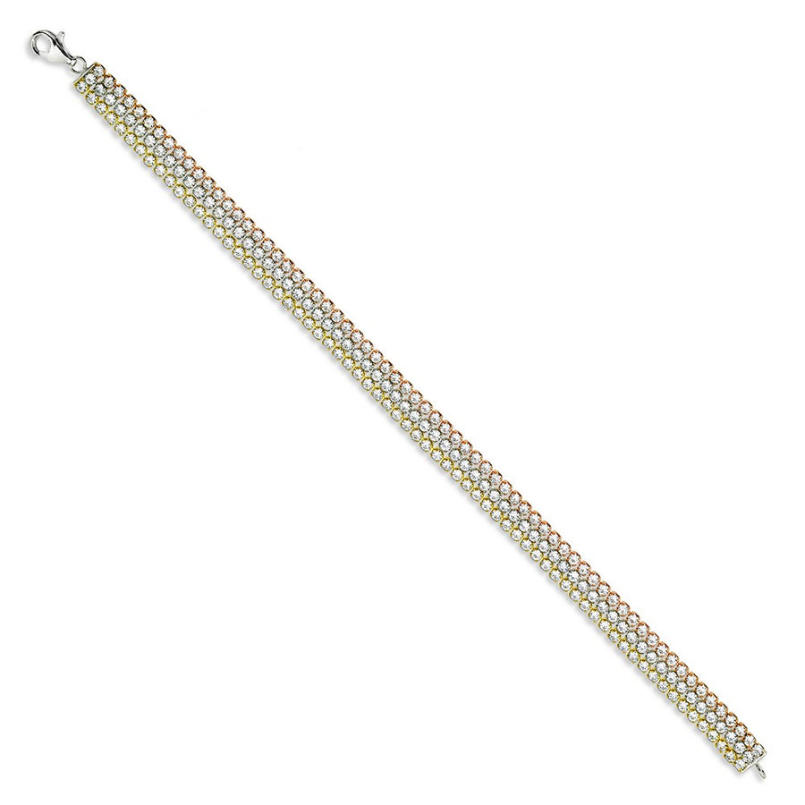 Sterling Silver Tri Color Triple Row CZ Tennis Bracelet