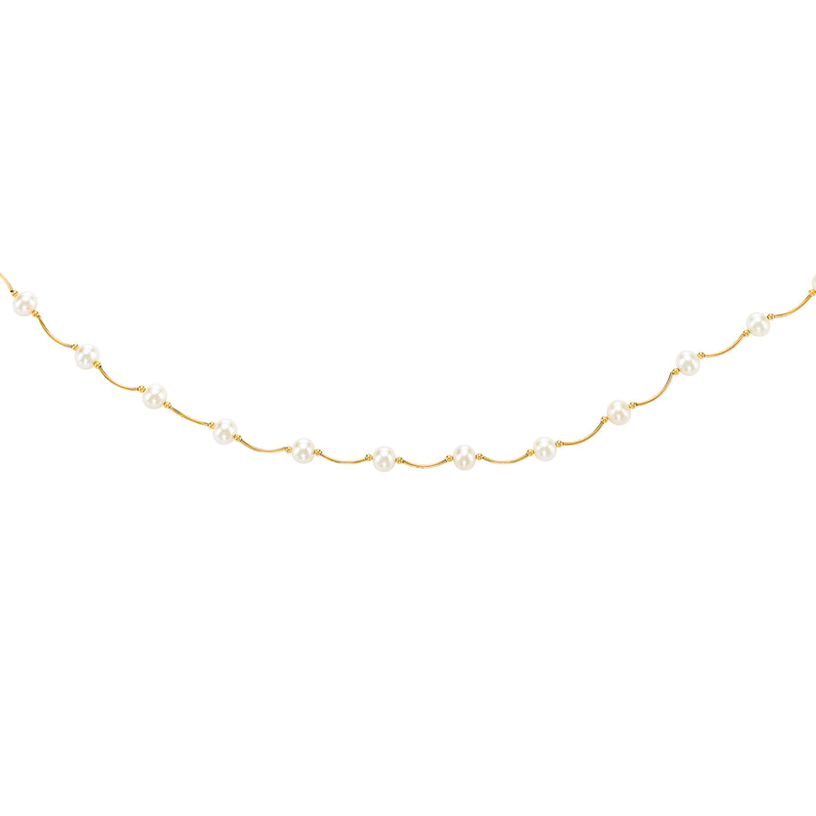 14K Gold Pearl Station Scalloped Necklace