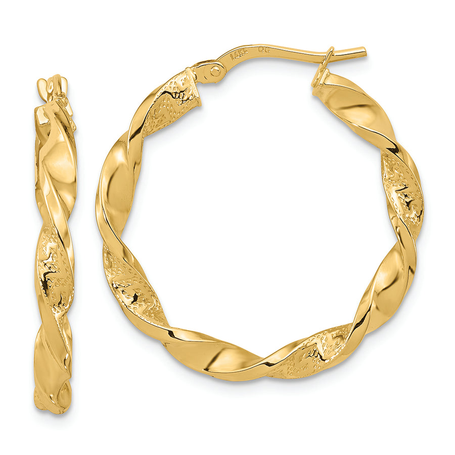 14k Polished and Textured Twisted Hoop Earrings