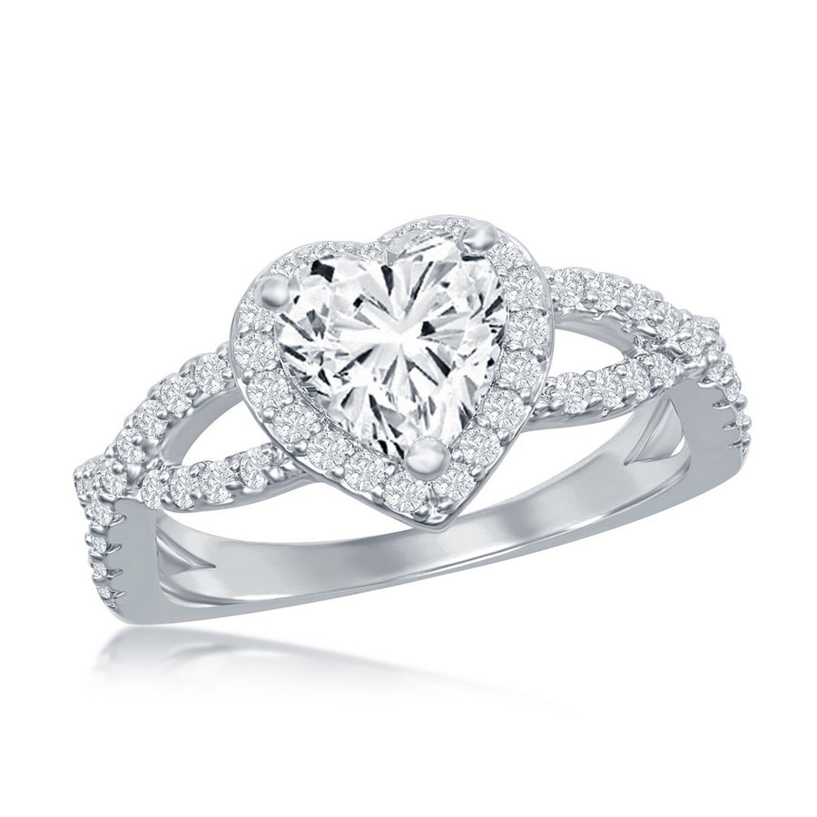 Sterling Silver Intertwined Shank Heart CZ Engagement Ring