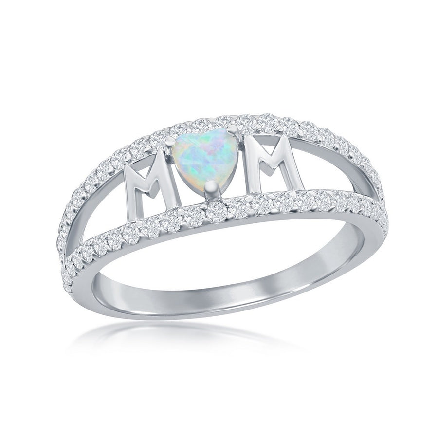 Sterling Silver 'MOM' Opal Heart and CZ Ring