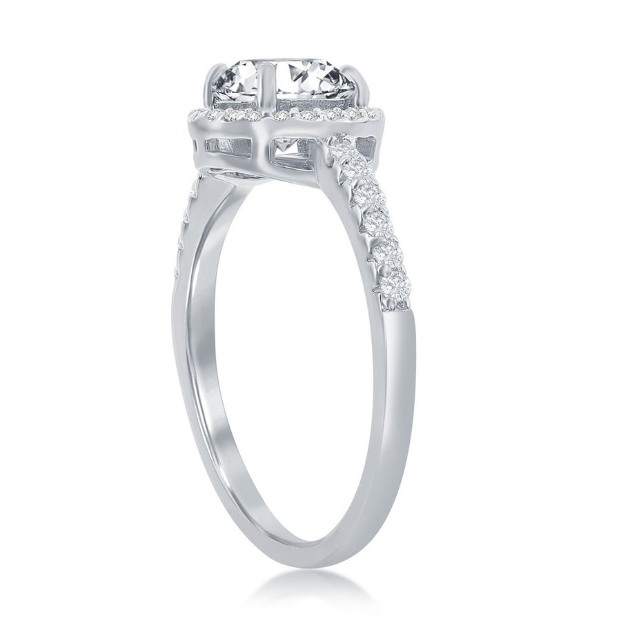 Sterling Silver CZ Halo Style with Clear Round Center CZ Ring