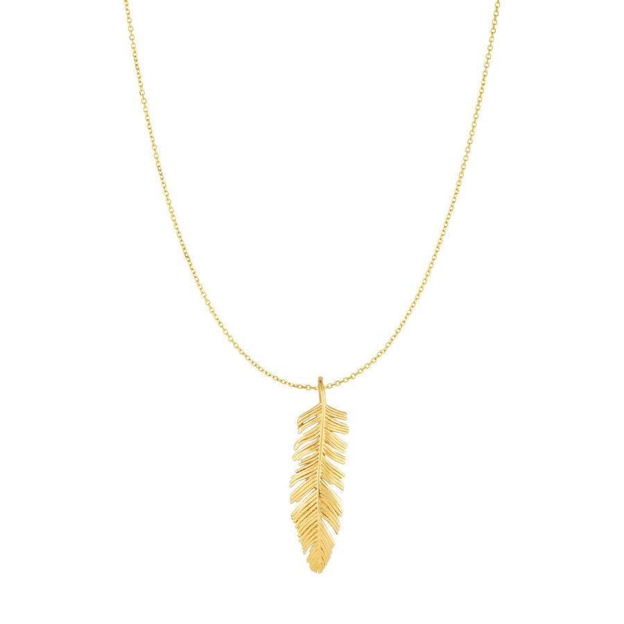 10kt Yellow Gold 8x35mm Textured Feather Pendant on 10kt Gold 18 inches Yellow Finish 0.8mm Classic Diamond Cut Classic Cable Chain with Lobster Clasp